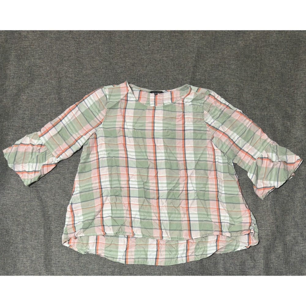 John Mark Womens XL Blouse Plaid Bell Sleeve Green Pink Multi